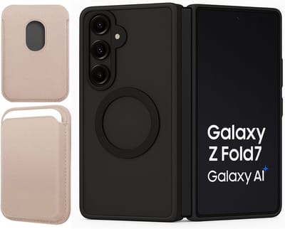 Hoesje + Pasjeshouder geschikt voor Samsung Galaxy Z Fold 7 - Portemonnee geschikt voor MagSafe - Magnetisch - Pasjes Houder - Creditcardhouder - Goud