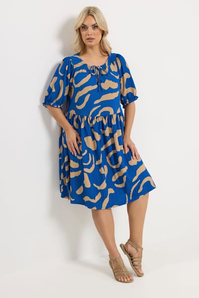 Yours Blauwe Abstracte Jurk Met Strik Aan De Voorkant Size 44