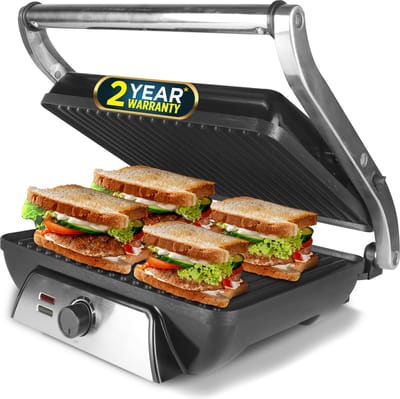 Royalty Line® SL107A Contactgrill - Panini Grill - Zwevende Bovenplaat - 30 x 24cm - Grill Apparaat Met Antiaanbaklaag - 2000W - Instelbare Temperatuur - Zwart/RVS