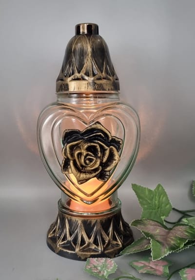 Herdenkingslicht - P39 - Goud - Transparant glas - Roos (Rond)- Grafkaars – Graflicht – Graflantaarn – Grafdecoratie - Windlicht