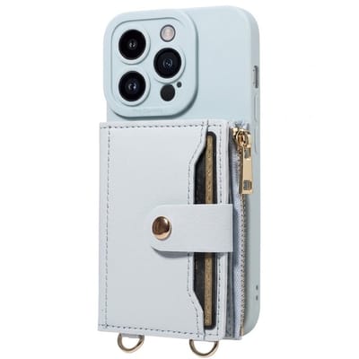 Lichtblauw telefoon hoesje met portemonnee en rits geschikt voor iPhone 13 Pro – kunstleer beschermende wallet case voor dames en heren met pasjeshouder, druksluiting, draagkoord bevestiging en standaard functie