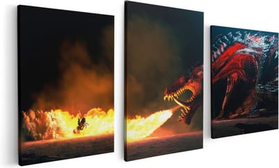 Artaza Canvas Schilderij Drieluik Draak Spuwt Vuur op een Paard en Knecht - 120x60 - Foto Op Canvas - Canvas Print