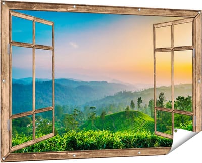 Gards Tuinposter Doorkijk Zonsondergang op een Thee Plantage - 150x100 cm - Tuindoek - Tuindecoratie - Wanddecoratie buiten - Tuinschilderij