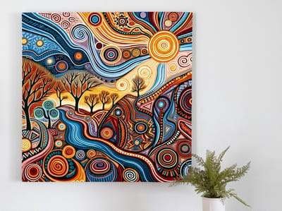 Acryl aboriginal schilderij | Colorful Connections: A Vibrant Exploration of Indigenous Australian Art | Kunst - 30x30 centimeter op Dibond | Foto op Dibond
