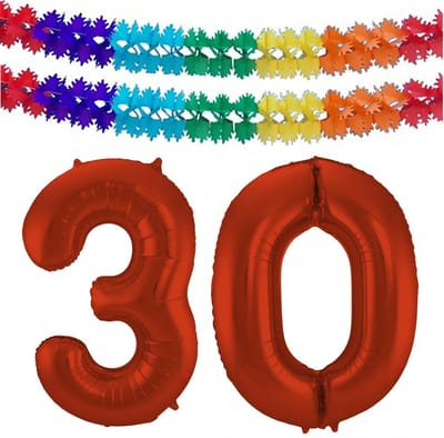Folat Verjaardag Leeftijd folieballon - 30 jaar - rood - 86 cm - cijferballon groot - incl 2x feestslingers