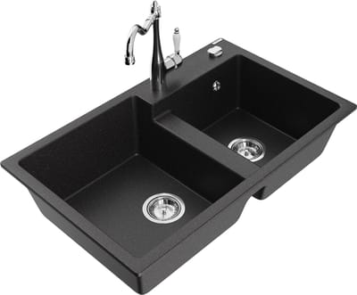 Mexen Tomas granieten gootsteen 2-kamer met keukenkraan Carla, zwart/zilver metallic - 6516-73-670700-00