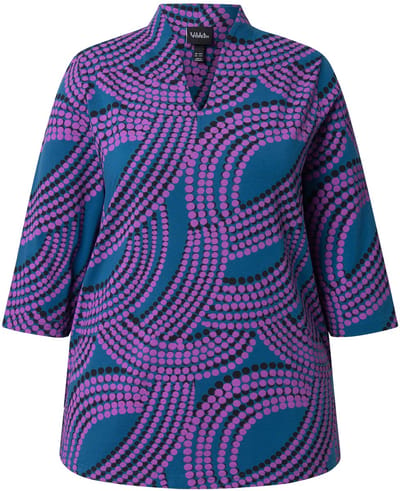 Ulla Popken - Dames - Shirt stippen goblet kraag V-hals 3/4-mouwen - Petrolblauw - Maat 46+