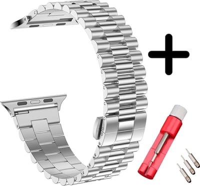Strap-it Presidential stalen band - Geschikt voor Apple Watch bandje - Series 1/2/3/4/5/6/7/8/9/10/11/SE/SE2/SE3 - Zilver - Staal/metalen schakel band met vlindersluiting - Voor maat: 38 / 40 / 41 / 42mm - Met inkorter toolkit