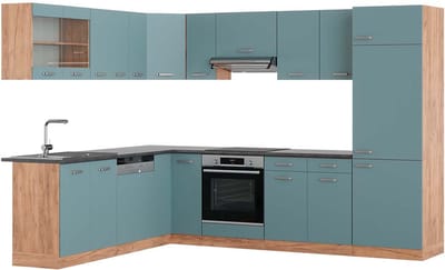 Vicco Hoekkeuken R-Line, Blauw-grijs/Goudkleurig Eiken, 287 x 227 cm, WB Antraciet