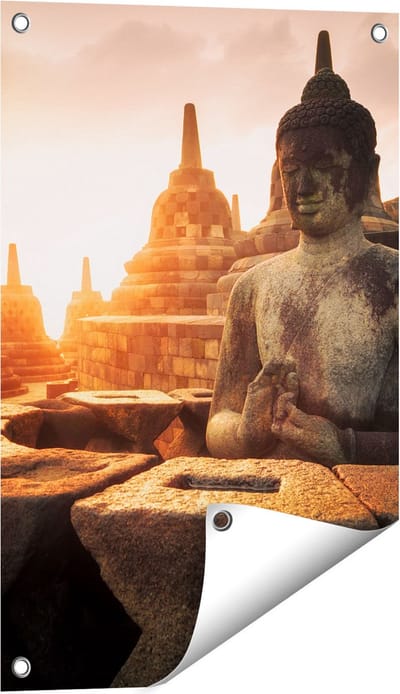 Gards Tuinposter Boeddha Beeld in een Tempel - 40x60 cm - Tuindoek - Tuindecoratie - Wanddecoratie buiten - Tuinschilderij