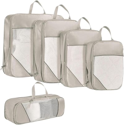 Reiscompressiezakken Set - Opvouwbare Opbergzakken - Ruimtebesparing Bagage - Transparant Venster - Vijf Stuks - Beige