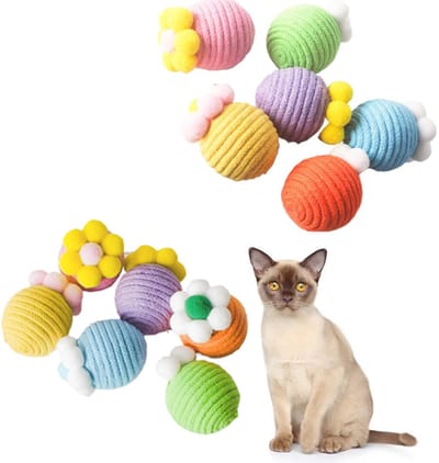 Katten Speelgoed Ballen - 6 Stuks - Katoen Touw - Belletjes - Veilig - Interactief- Interactief en Energie Verbruikend - Ideaal voor Elke Kat - Geluidmakend, reliëf textuur, veilig om op te kauwen- Blauw - groen- roze- oranje- geel - paars