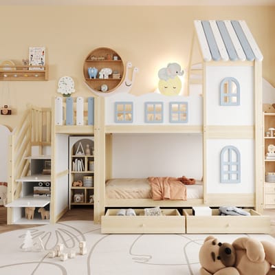 FloraGrace Stapelbed 90x200 cm - Kinderbed Met Wolkvormige Uitvalbeveiliging En Opbergladder - Met Lades En Planken - Hout - Zonder Matras - Wit