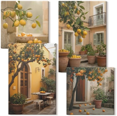 Wallfluent Set van canvas schilderijen - Een tuin met citrusbomen in een zonnige omgeving Canvas Schilderijen Set - Set van 4 Canvas Schilderijen - Oranje Set van Canvas Prints - Natuur Canvas Kunst Set - Boheemse Canvas Kunst Set