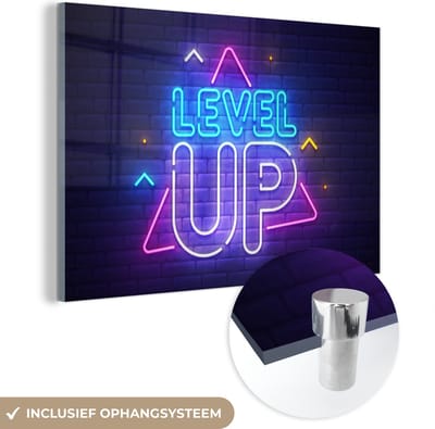 MuchoWow® Glasschilderij 120x80 cm - Schilderij acrylglas - Gaming - Neon - Level Up - Quotes - Gamen - Foto op glas - Schilderijen