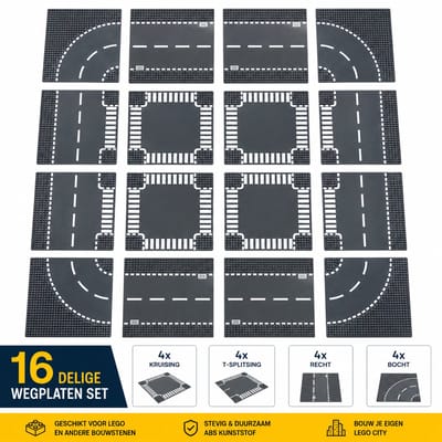 Hunta Wegplaten Set 16 Stuks – 4 Kruisingen, 4 T-Splitsingen, 4 Rechte Wegen en 4 Bochten – Bouwplaten 32x32