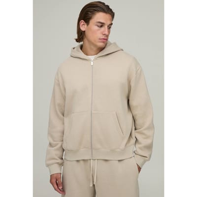 Essential Oversized Boxy Zip Through Hoodie | Stone | Size Large