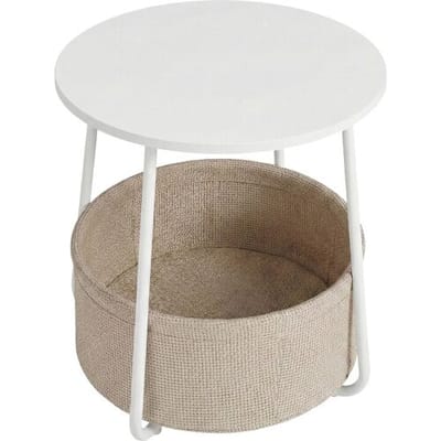 Ochama Ronde moderne bijzettafel met stoffen mand – 45x45x51cm，Mat Wit & Kameelbruin, compacte eindtafel voor woonkamer of slaapkamer – stijlvol &
