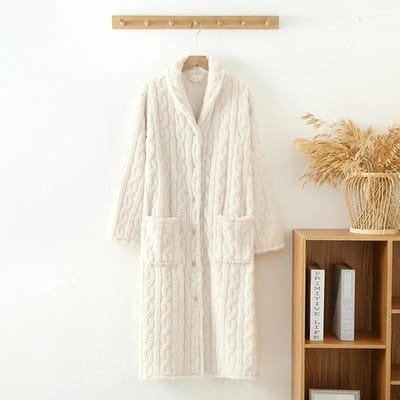 Nieuwe herfst/winter dames badjas flanel verdikt warm gesp lange jurk effen kleur nachthemd huis bont dames L beige
