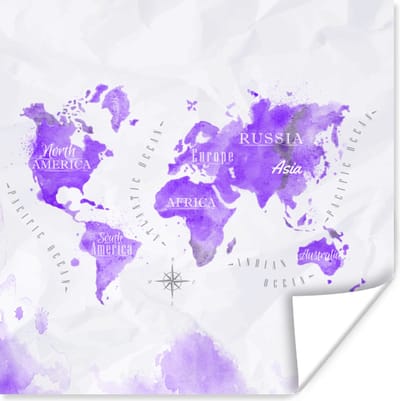 Poster 30x30 cm - Wereldkaarten - Olieverf - Paars - Posters - Kamer decoratie - Wanddecoratie woonkamer - Muurdecoratie slaapkamer