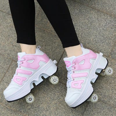Chaussures à roulettes Chaussures à poulies à quatre roues Chaussures pour garçons et enfants avec roues Chaussures de patinage pour filles Chaussures à rangée à double roue Chaussures déformables 34