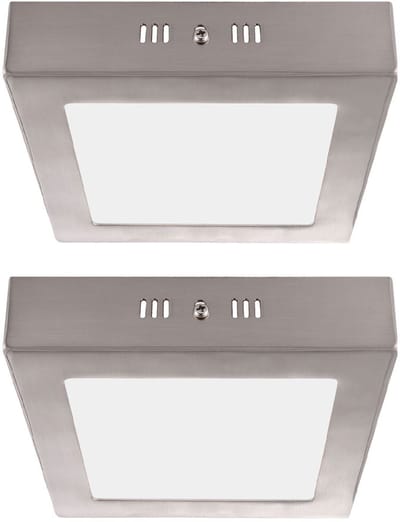 Plafondlamp vierkant LED hallamp zilver woonkamer, gesatineerd glas, 6W 400lm warm wit, LxBxH 12x12x4 cm, set van 2