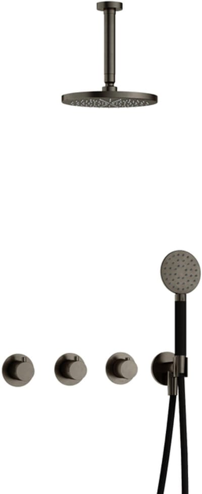 Hotbath Cobber IBS70 inbouw regendoucheset met ronde handdouche aan houder en 20cm ronde hoofddouche aan 15cm plafondarm verouderd ijzer