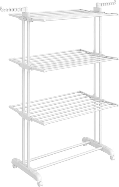 SONGMICS Droogrek, staand droogrek, 4 niveaus, vleugelwasrek, inklapbare vleugels, met wieltjes, 63,5 x 128 x 173 cm, groot, eenvoudige montage, voor binnen en buiten, wolkenwit