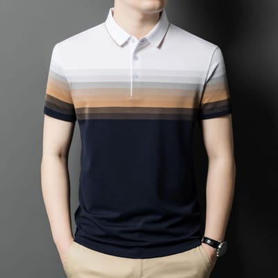 T-shirt à Manches Courtes Rayé en Coton Mercerisé pour Homme Été Business Décontracté Polo Ample Vêtements Tendance pour Hommes d'Âge Moyen 4XL orange