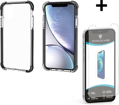 ShieldCase Bumper Shock case - telefoonhoesje geschikt voor Apple iPhone 12 / 12 Pro - shockproof - doorzichtig hoesje - optimale bescherming - zwart + glazen Screen Protector