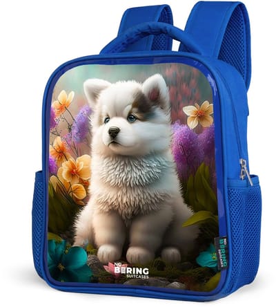 NoBoringSuitcases.com® - Rugzak blauw - Schooltas jongens - Witte puppy in een bloemenweide - Kinder rugtas jongen - Boekentas kind - Kinderrugzak voor school - Schoolrugzak