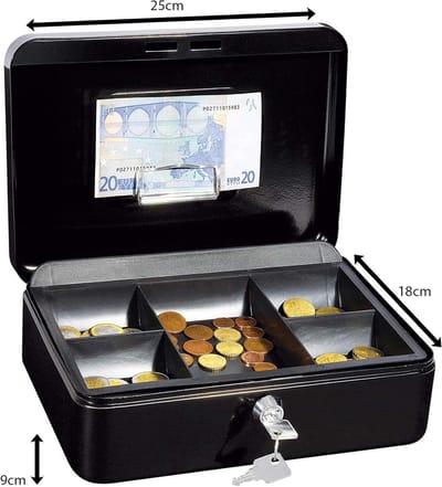 Robuuste Zwarte Geldcassette met Cilinderslot en Munteninzetbak | 25x18x9 cm