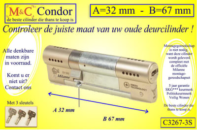 M&C Condor - High Security deurcilinder - SKG*** - 32x67 mm - Politiekeurmerk Veilig Wonen  -  inclusief gereedschap montageset