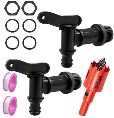 2 Regenton Afvoerkranen - 3/4 Inch Plastic Vervangende Kranen - Home Garden Tank Aansluiting - Met Afdichtende Borgmoer Afdichtingstape - Met 25m'm - Voor Tank Regenton Regenton - Zwart