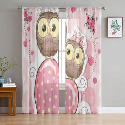 Schattige Uilen Hart Roze Doorzichtige Gordijnen voor Woonkamer Transparante Tule Raambekleding Slaapkamer Keuken Huisdecoratie Sluier Gordijnen 135W x 114H(cm) white