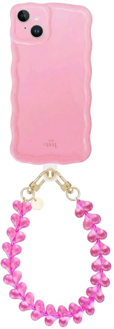 xoxo Wildhearts Glossy Wavy Case Bubble Blush - Funky Hearts - geschikt voor iPhone 15 - hoesje met telefoonkoord - afneembaar harten koord - hartjesketting - kort telefoonkoord - hoesje met golven - Roze