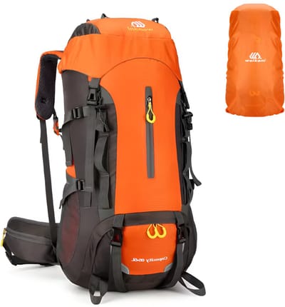 CarryQuest® - 70L Bergbeklimming Rugzak - Waterdichte Nylon Outdoor Backpack met Regenhoes, Rugventilatie, Heupgordel, Front-/Toploader & 35x26x69 cm - Oranje