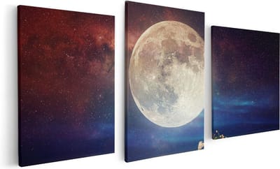 Artaza Canvas Schilderij Drieluik Volle Maan in de Hemel boven het Water - 120x60 - Foto Op Canvas - Canvas Print