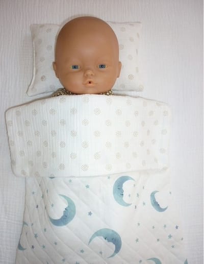 Oogappel Poppen Beddengoed Poppendeken met Kussentje Maan-Blauw-Offwhite