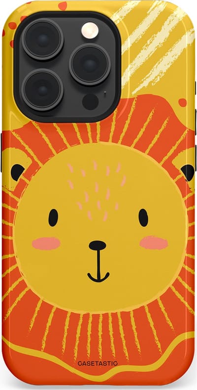 Casetastic hoesje geschikt voor Apple iPhone 15 Pro - MagSafe - Dubbellaagse bescherming - Vrolijke leeuw - Fashion Case - Goud Rood Oranje