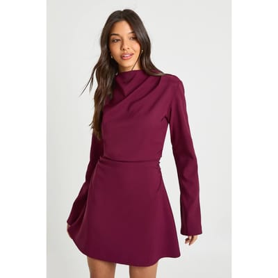 boohoo Dames Langmouwige geraffleerde hoge hals shiftjurk | Bordeaux Rood | Maat: 36