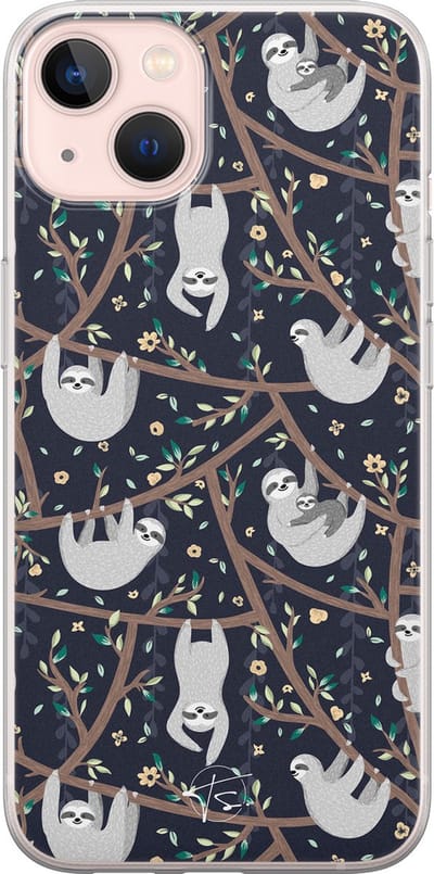Hoesje geschikt voor iPhone 13 - Luiaard - Soft Case - TPU - Print - Zwart - Mooie Telefoonhoesjes