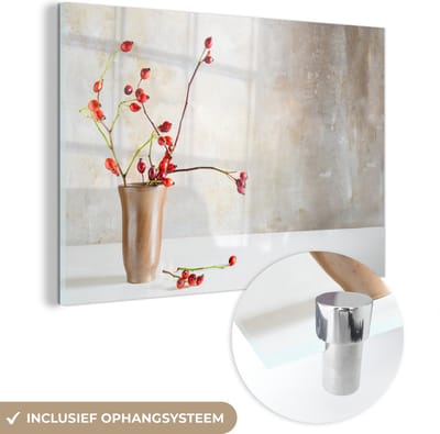 MuchoWow® Glasschilderij 60x40 cm - Schilderij acrylglas - Rozenbottel - Stilleven - Rood - Foto op glas - Schilderijen
