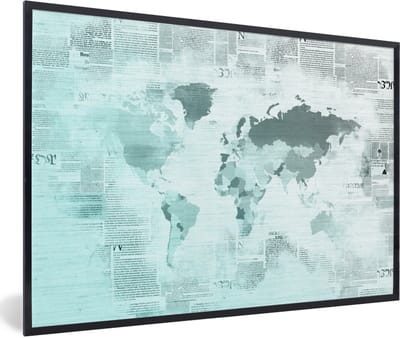 Poster in lijst - Fotolijst 90x60 cm - Posters - Wereldkaart - Krant - Blauw - Posterlijst zwart - Decoratie - Wanddecoratie woonkamer - Muurdecoratie slaapkamer