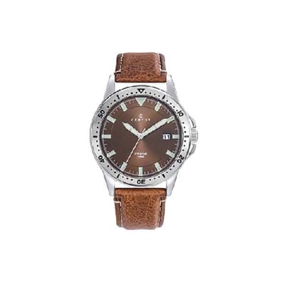 Certus-model 611310-horloge-heren-datum-zilverkleurig-oplichtende wijzers-cognac kleurig lederen band-bruine wijzerplaat-diameter 40 mm-10 atm waterdicht-gemaakt in Frankrijk