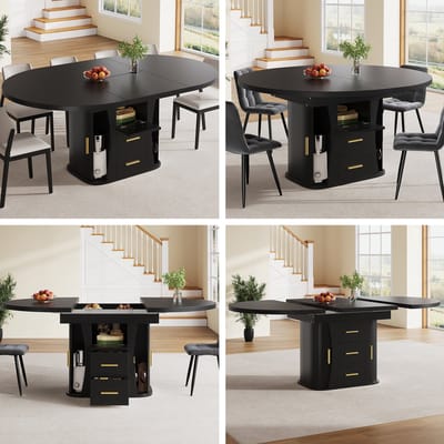 Eettafel - 118-158 cm - Uitschuifbare Ronde Eettafel met 3-laags Opbergrek - MDF - Zwart
