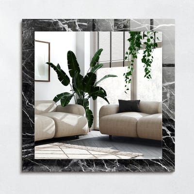 Wallfluent Spiegel - Zwart Marmer Spiegel op gehard Glas - 60x60 cm - Zwart Vierkante Spiegel - Stijlvolle spiegel met grafisch motief - Slaapkamerspiegel - Badkamerspiegel - Gang - Kleedkamer - Make-up Spiegel
