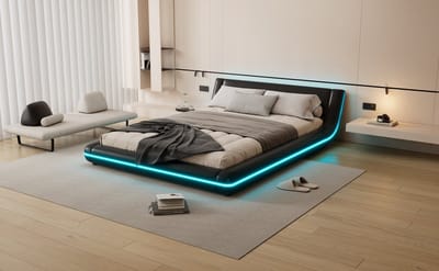 vlak bed，140 x 200 cm vloerbed, vrijstaand, PU-materiaal, met LED-sfeerverlichting, zwart.