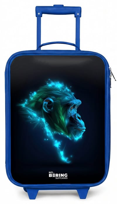 NoBoringSuitcases.com® - Kinderkoffer blauw - Kindertrolley jongen - Neon silhouet van een chimpansee - Koffer kind lichtgewicht - Reiskoffer trolley voor kinderen - Koffertje met lichtgevende wieltjes - Rolkoffer