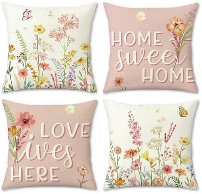 Dailygoods- Kussenslopen set van 4 - Roze bloemen - Decoratieve kussenhoezen - Polyester linnen - 45 x 45 cm - Verborgen ritssluiting